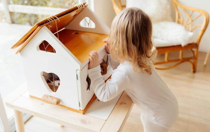 petite fille qui joue avec sa maison de poupée